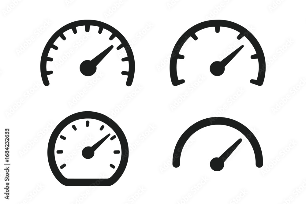 Poster speedometer gauge icon set. tachometer silhouette collection. car dashboard element. speed measureme