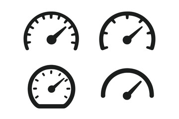 Speedometer gauge icon set. Tachometer silhouette collection. Car dashboard element. Speed measurement symbol. Performance indicator. Vector illustration fast level control.