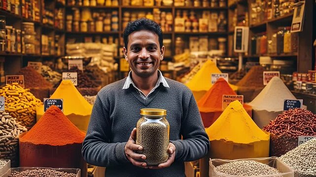 Happy Man Holding Spice Jar in a Colorful Market Surrounded by Spices and Display