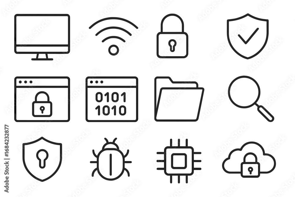 Poster cybersecurity line icon set. technology and internet security symbols. data protection, network safe