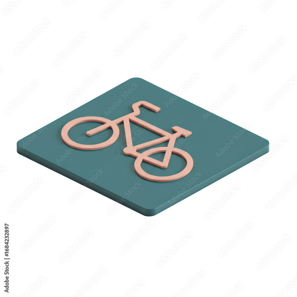 Poster minimalist bicycle icon on a teal square in isometric view with clean lines isolated on transparent 