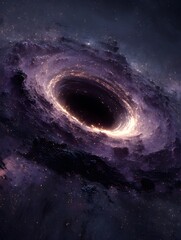 A swirling cosmic black hole warps space time within a colorful ethereal nebula in deep and mysterious universe.