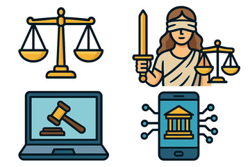Legal tech icon set. Law, justice, and technology concepts. Lady Justice, scales, gavel on laptop, mobile court app. Digital justice, cyber law vector symbols collection.