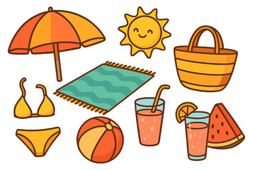 Summer essentials for a perfect beach day with sun umbrella, bikini, beach towel, beach ball, refreshing drinks, watermelon slice, and sunny vibes vector cartoon illustration