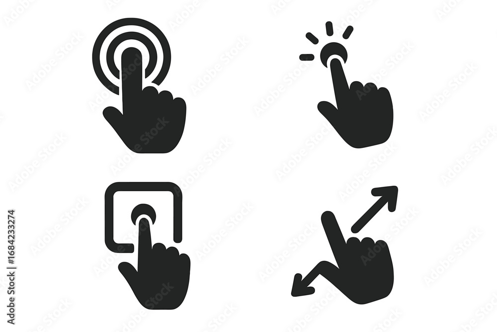 Poster hand gesture icon set for touch screen. solid glyph symbols for ui and ux design. includes tap, clic