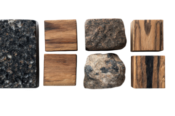 High-angle view of various stone and wood samples