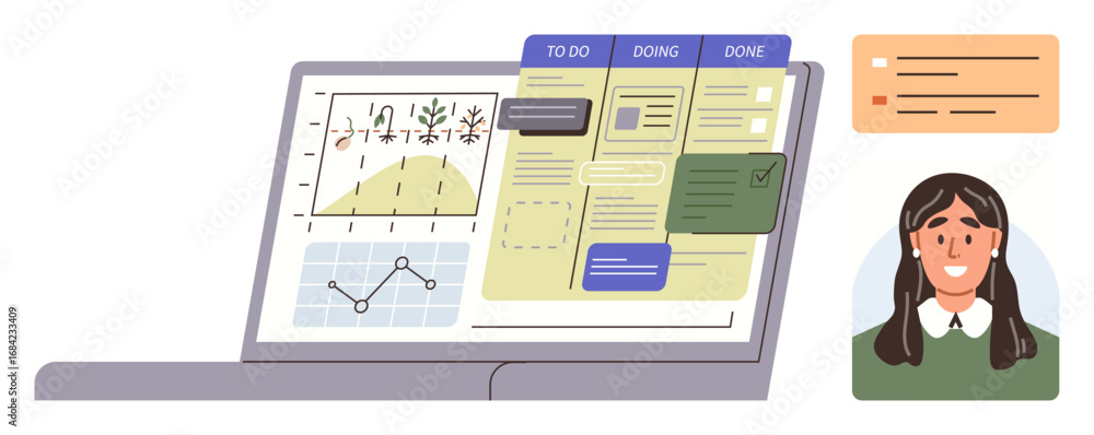 Poster laptop displaying productivity tools, task board, and data charts, with user profile and notificatio