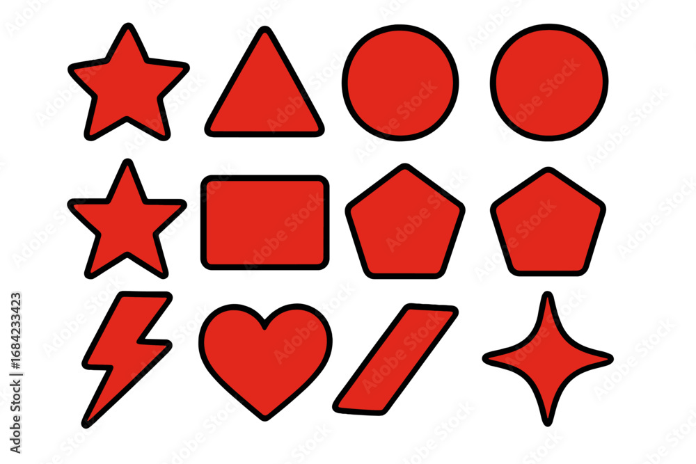 Poster set of basic red geometric shapes with black outline. collection of flat vector icons for design. in