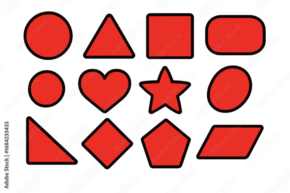Poster set of basic geometric shapes. red figures with black outline. collection of simple forms for design