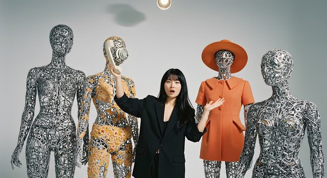 Surprised Woman Interacting with Abstract Artistic Mannequins and Vintage Telephone