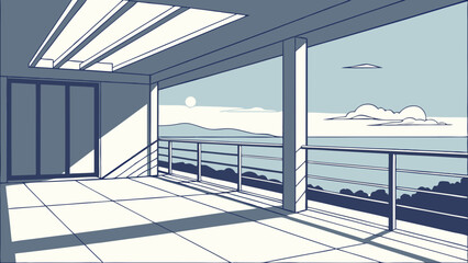 Modern Terrace with Ocean View Minimalist Design Illustration Calm Seascape Sunlit Balcony Architectural Drawing.