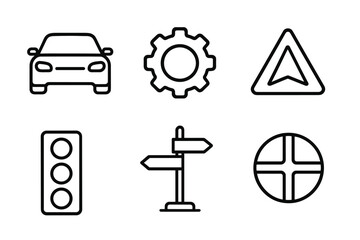 Vehicle navigation line icon set. Car, gear, GPS arrow, traffic light, direction signpost and destination symbols. Road travel and transport vector graphic elements.