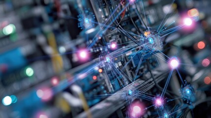 A concentrated view of interconnected devices forming an edge network with visual encryption shields protecting the flow of sensitive process data in a vibrant tech environment.