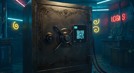 Hybrid Security: Ornate Safe with Digital QR Code in a Neon-Lit, Cyberpunk Setting