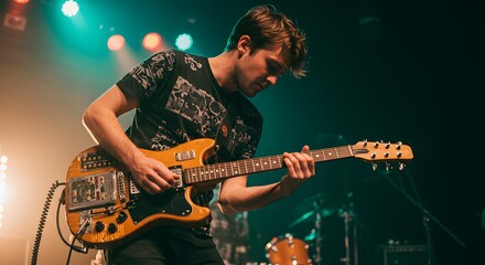 Obraz premium Male Guitarist Playing Unique Electric Guitar on Stage Under Vibrant Teal and Orange Lights
