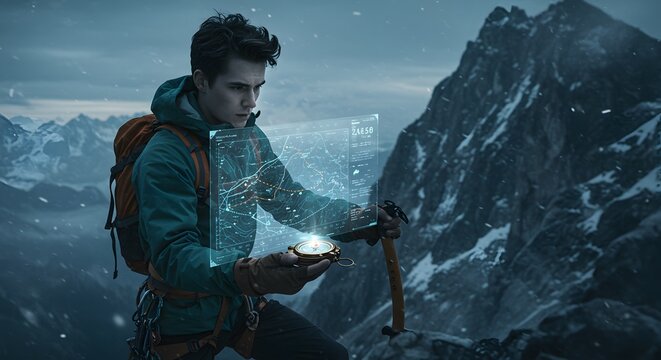 Hiker Uses Holographic Map and Compass for Navigation in Snowy Mountains