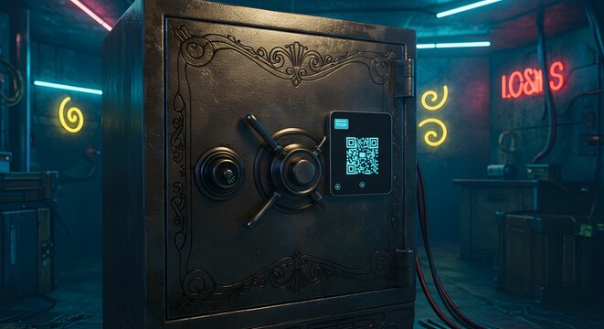 Hybrid Security: Ornate Safe with Digital QR Code in a Neon-Lit, Cyberpunk Setting