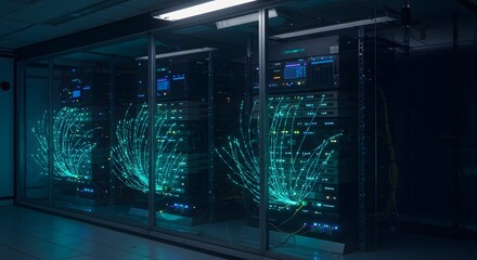 Luminous Data Connections in a Modern Server Room with Racks