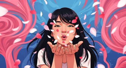 Woman blowing pink and white petals in a whimsical romantic illustration style art piece