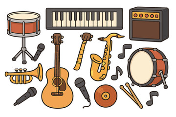 Musical instruments vector set. Cartoon collection with guitar, piano, drum, saxophone, trumpet, microphone, amp. Music production audio equipment flat lay illustration icons.