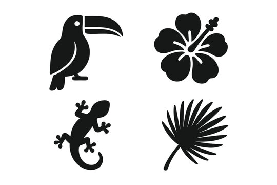 Tropical jungle icon set. Toucan bird, hibiscus flower, gecko lizard, and palm leaf silhouettes. Exotic flora and fauna glyphs for summer vacation, travel, and nature themes.