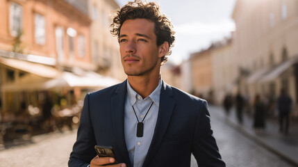 Stylish young businessman in smart suit wearing a modern AI smart necklace and holding phone while walking through sunlit city street, futuristic wearable device for digital lifestyle, communication