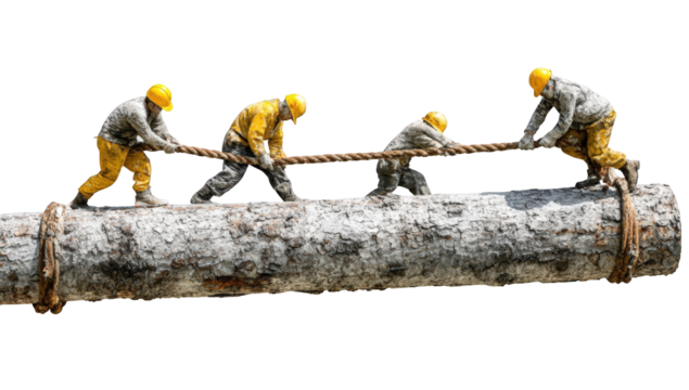 Miniature figures pulling a log