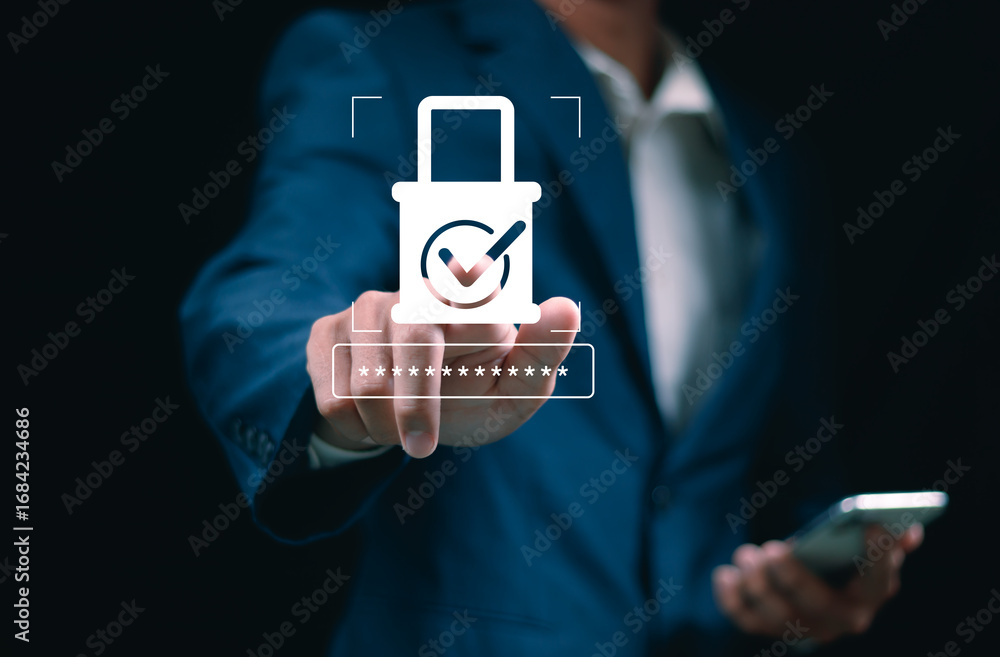 Poster cybersecurity and privacy concepts to protect data. lock icon and internet network security technolo