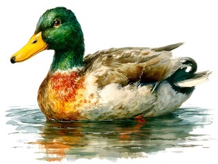 Obraz premium A colorful watercolor illustration of a mallard duck swimming peacefully in calm water on a bright white background.