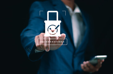 Cybersecurity and privacy concepts to protect data. Lock icon and internet network security technology. A businessman protecting personal data and internet privacy