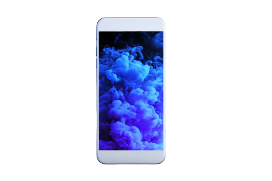 A white smartphone displays a vibrant abstract image of swirling, vibrant blue smoke