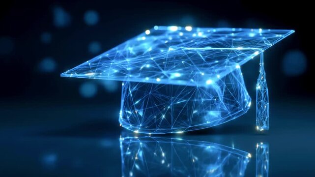 Futuristic digital graduation cap glowing with interconnected lines, set against a dark blue background