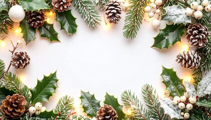 Fototapeta premium 輝くクリスマスデコレーション：雪の結晶とホーリーの葉Generated image
