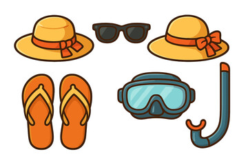 Summer beach vacation essentials set. Vector cartoon illustration of sun hats, sunglasses, flip flops, snorkel and mask. Flat lay concept for holiday travel design elements.