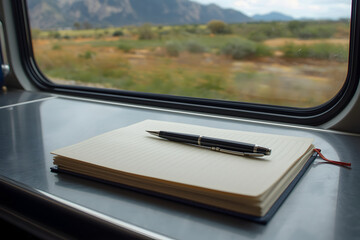 Scenic Train Journey Notebook, Pen on Paper with Mountain Views from a Railcar Window