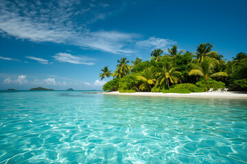 Fototapeta premium Secluded paradise island with azure waters and lush tropical vegetation, inviting relaxation