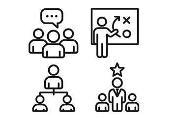Leadership business line icon set. Meeting, strategy, and organization icons. Teamwork, corporate management, planning, and hierarchy concepts. Vector outline pictograms for web.