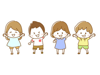 Four cheerful children waving with arms raised, showing happiness and joy.