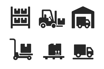 Warehouse logistics solid glyph icon set. Vector symbols for distribution center, storage, inventory. Includes forklift, delivery truck, pallet jack, racks, and shipping concept.