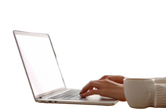 Person using a laptop computer.  Close-up view