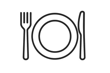 Minimalistic linear plate outline icon with fork and knife, simple web and graphic design pictogram for apps, banners, social media, cards, vector cartoon illustration set