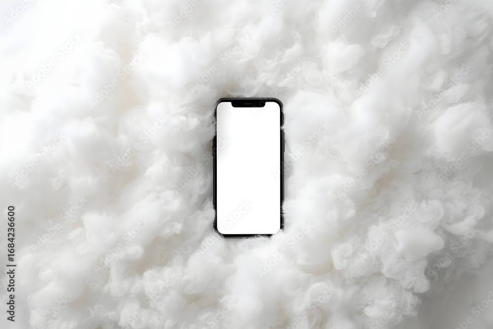 Poster smartphone display amidst a soft cloud of abstract fluff, providing a gentle and minimalist design
