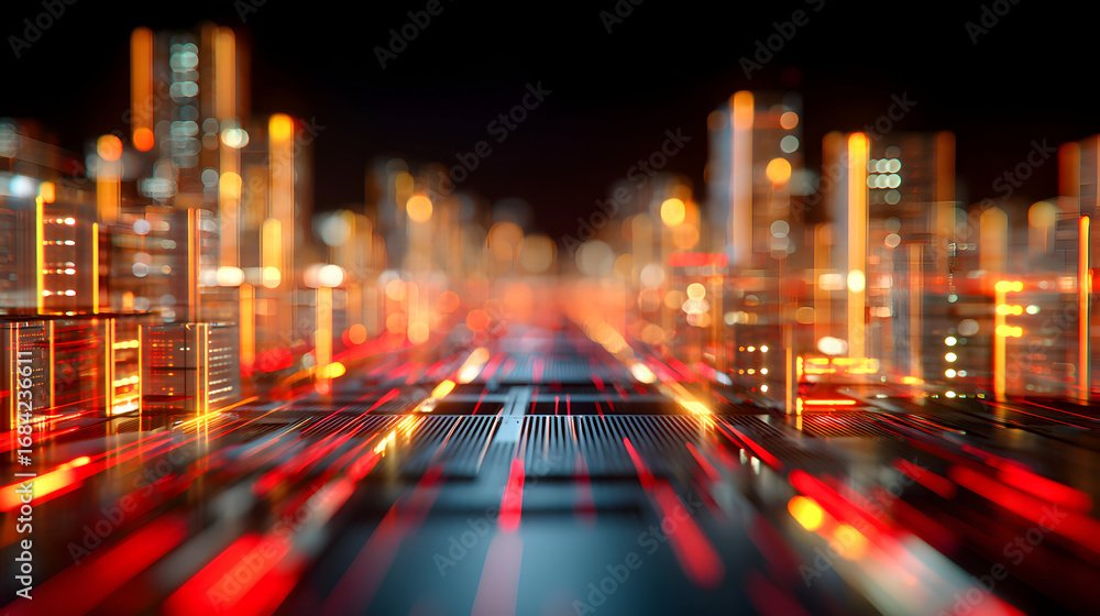 Poster futuristic cityscape with illuminated buildings and vibrant lights creating a dynamic atmosphere