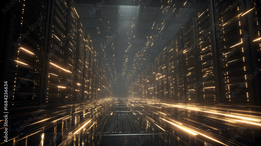 Poster futuristic data center with glowing servers and intricate light patterns in high-tech environment