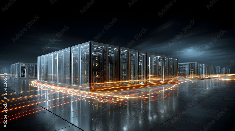 Poster futuristic data center with illuminated server racks and dynamic light trails at night