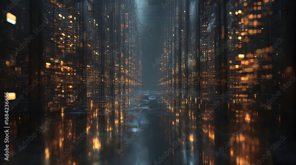 Poster futuristic urban environment with towering columns and bright reflections in a dark setting