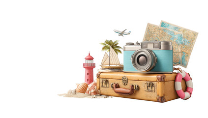 Vintage travel suitcase with vacation accessories