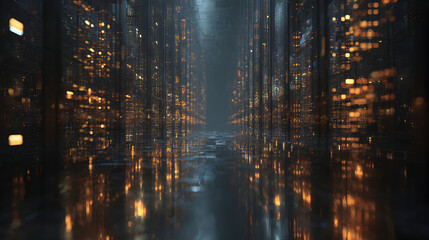 Futuristic Urban Environment with Towering Columns and Bright Reflections in a Dark Setting