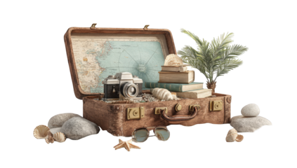 Vintage suitcase filled with travel mementos