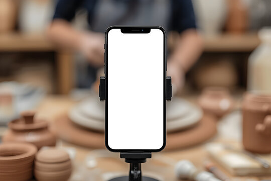 Smartphone mockup with a potter in the background, showcasing creativity and technology integration for promotional purposes